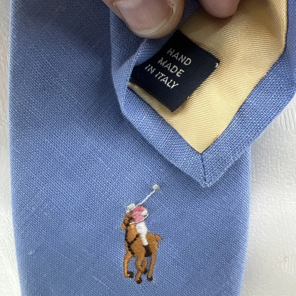 VTG Polo Ralph Lauren 100% Linen Blue Big Pony Tie Hand Made In Italy